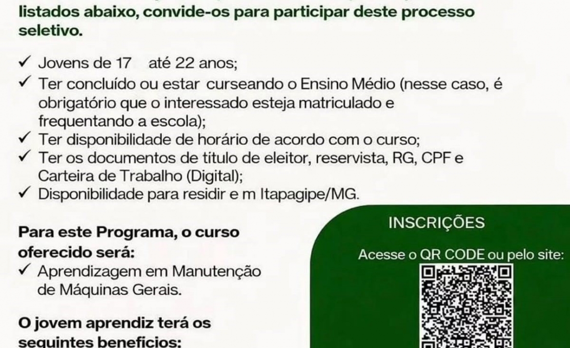 Programa Jovem Aprendiz da Usina BP Bioenergy, em parceria com a Prefeitura de Itapagipe, tem inscrições prorrogadas até