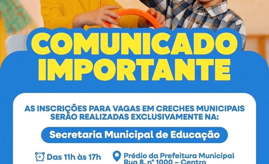 A Prefeitura de Itapagipe informa que as inscrições para vagas em creches municipais serão realizadas exclusivamente na 