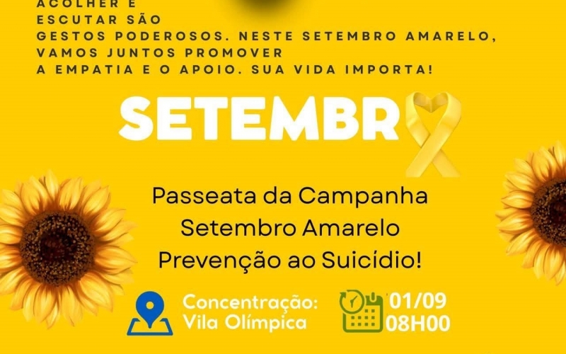 Secretaria Municipal de Saúde convida  para participar da Passeata Campanha Setembro Amarelo – Prevenção ao Suicidio