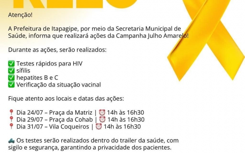 Prefeitura de Itapagipe intensifica ações da Campanha Julho Amarelo