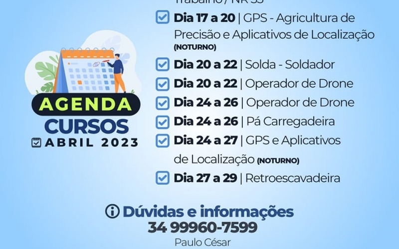 A agenda de cursos de abril da Prefeitura de Itapagipe em parceira com o SENAR já está aberta