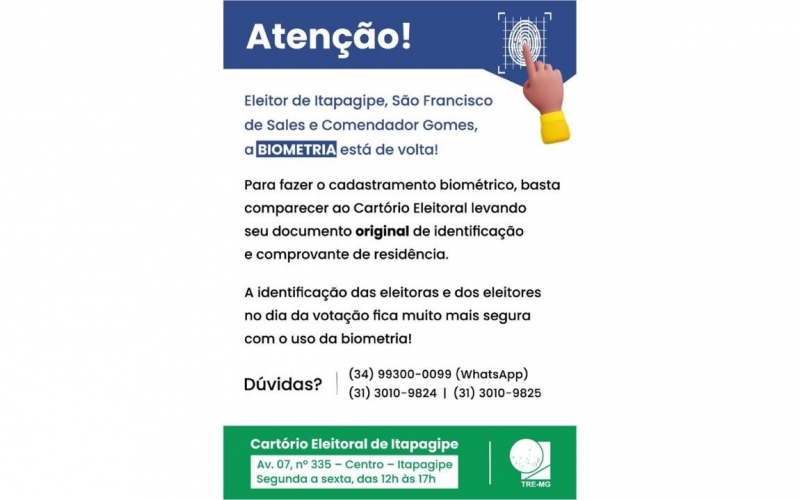 Biometria Eleitoral está de volta em Itapagipe, São Francisco de Sales e Comendador Gomes